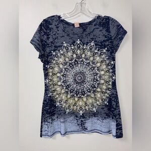 Cocomo Navy Lotus Mandela Burnout Tee Y2K Boho Hippie Jrs M